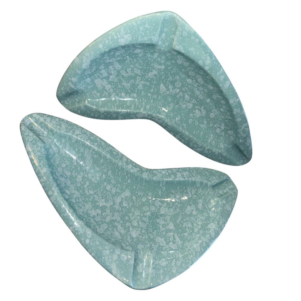 2 Vintage 1950's Shawnee Pottery Ashtray Stardust Turquoise Handmade Art Deco